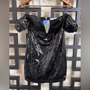 NWT MEEK Black Strapless Patent Mini Dress